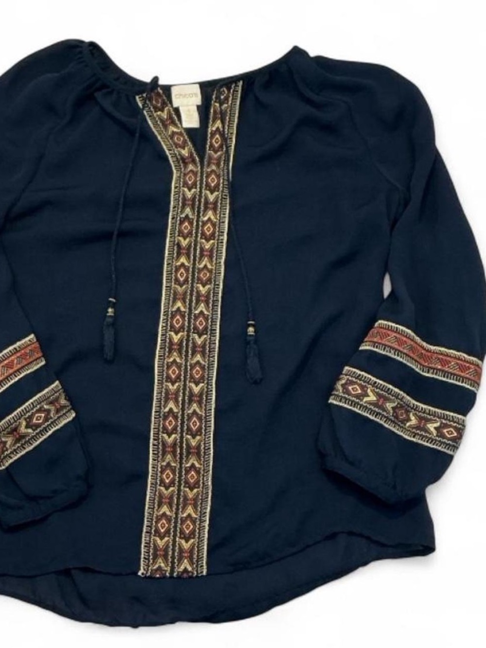 Chico's Navy Embroidered Peasant Blouse with Multicolor Trim